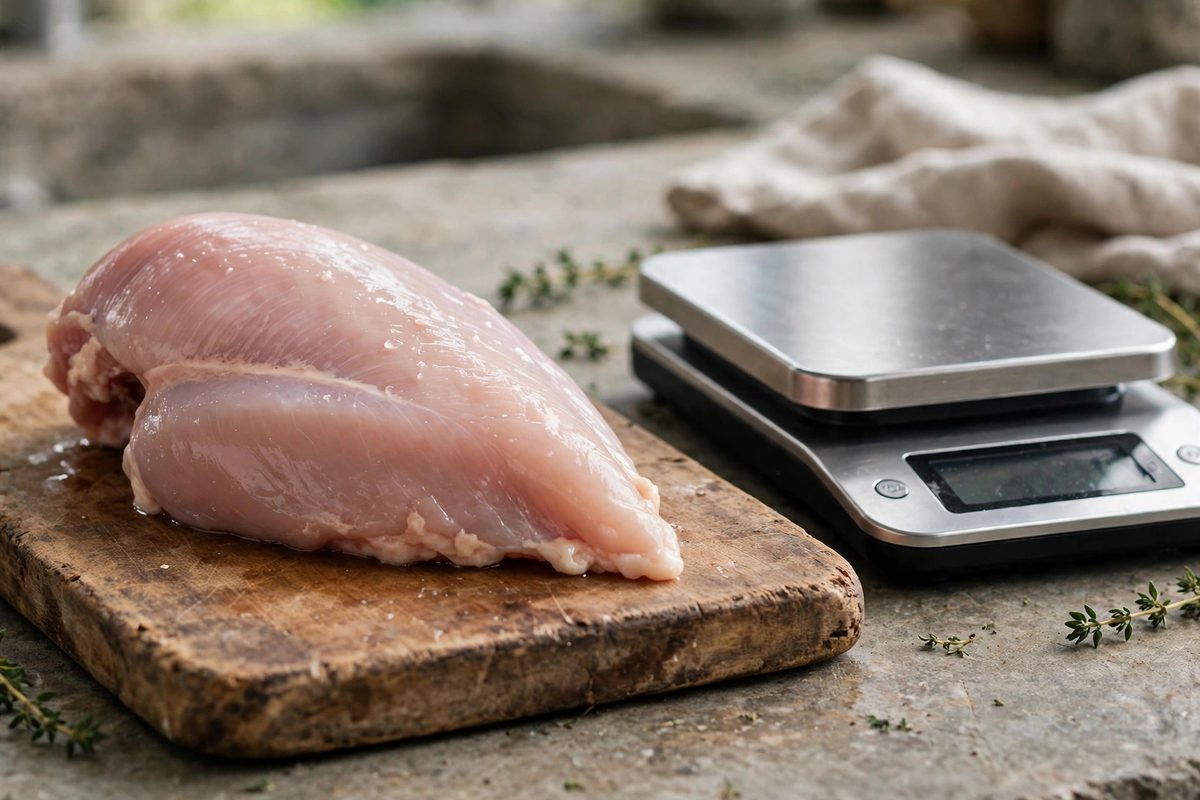 Raw chicken breasts beside grilled chicken with a kitchen scale