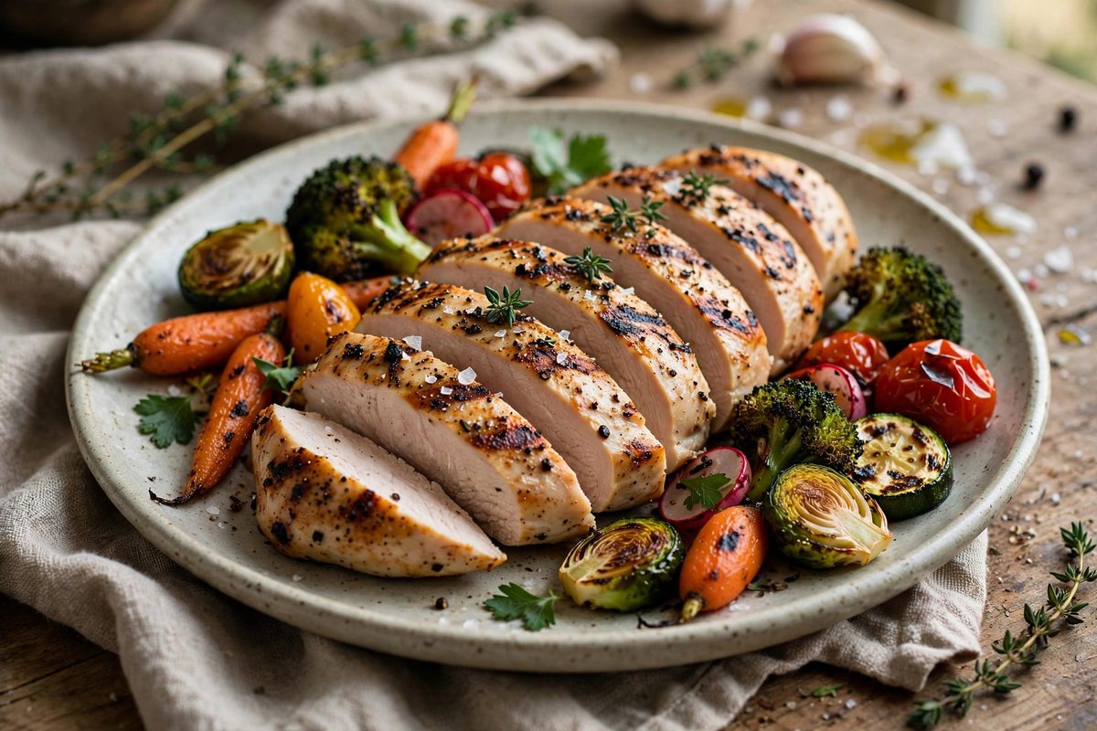 Grilled chicken breast sliced on a cutting board with herbs