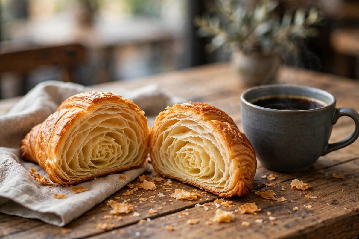 Sliced croissant showing flaky buttery layers next to coffee