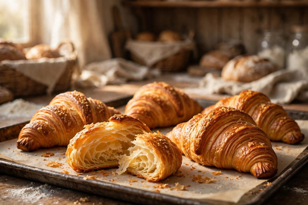 Golden flaky croissants on a bakery tray