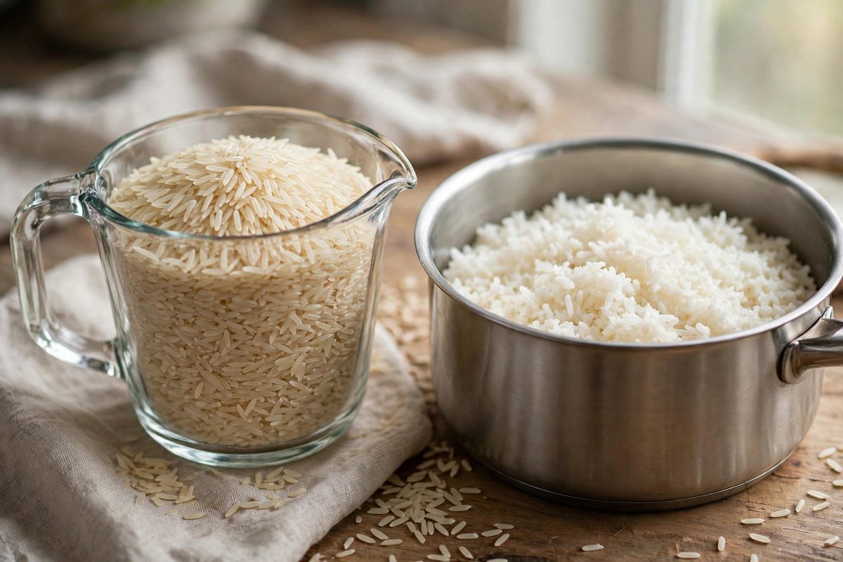 Measuring cup of dry rice beside a bowl of cooked rice