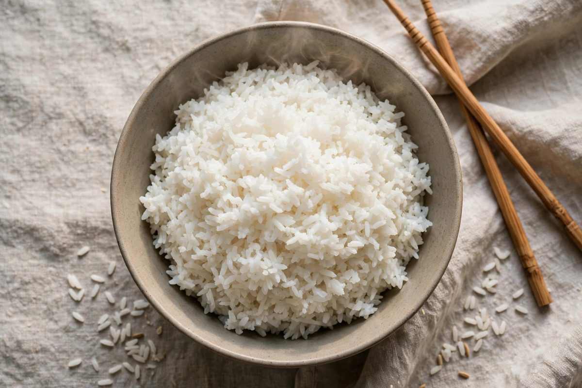 Bowl of steamed white rice with a wooden scoop beside it
