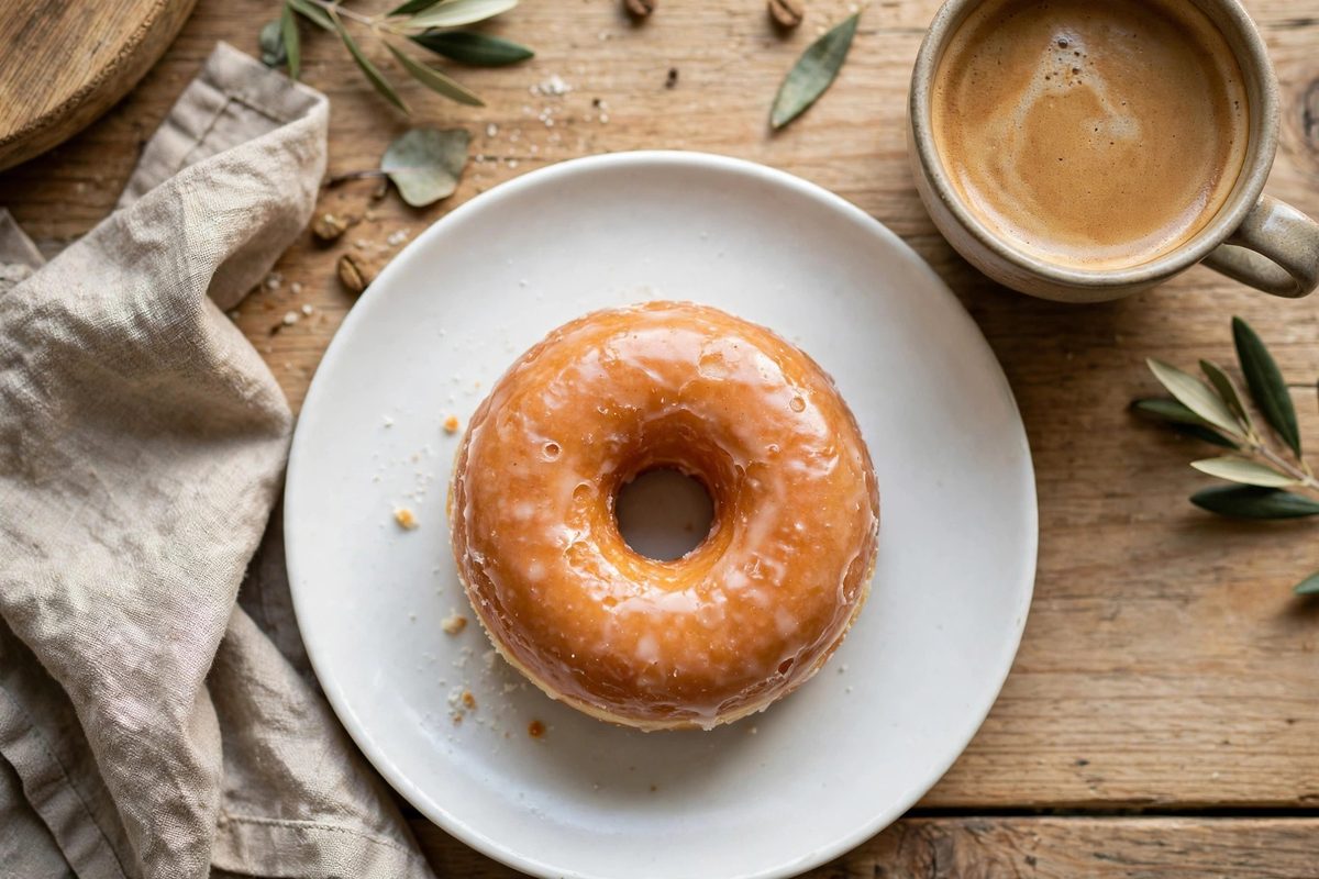 Single glazed donut on a white plate with coffee on a cafe table