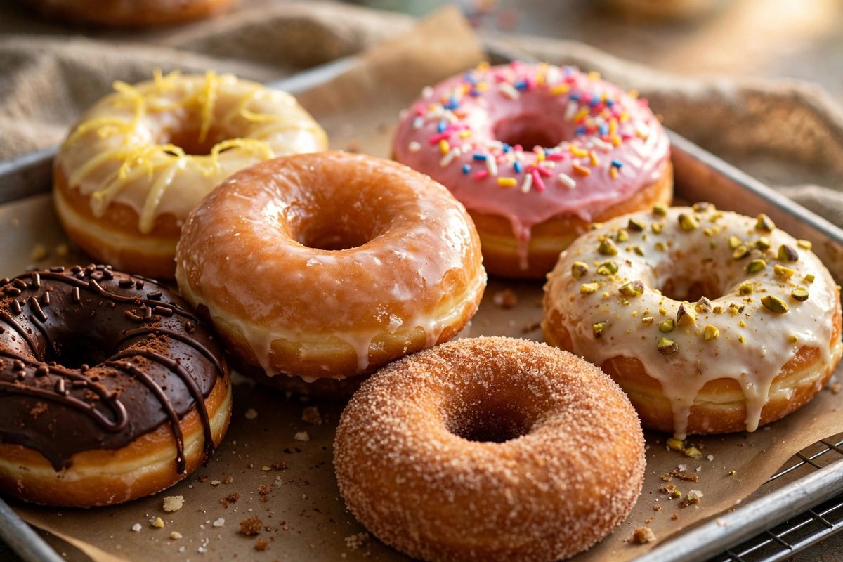 Assorted glazed and frosted donuts on a bakery tray