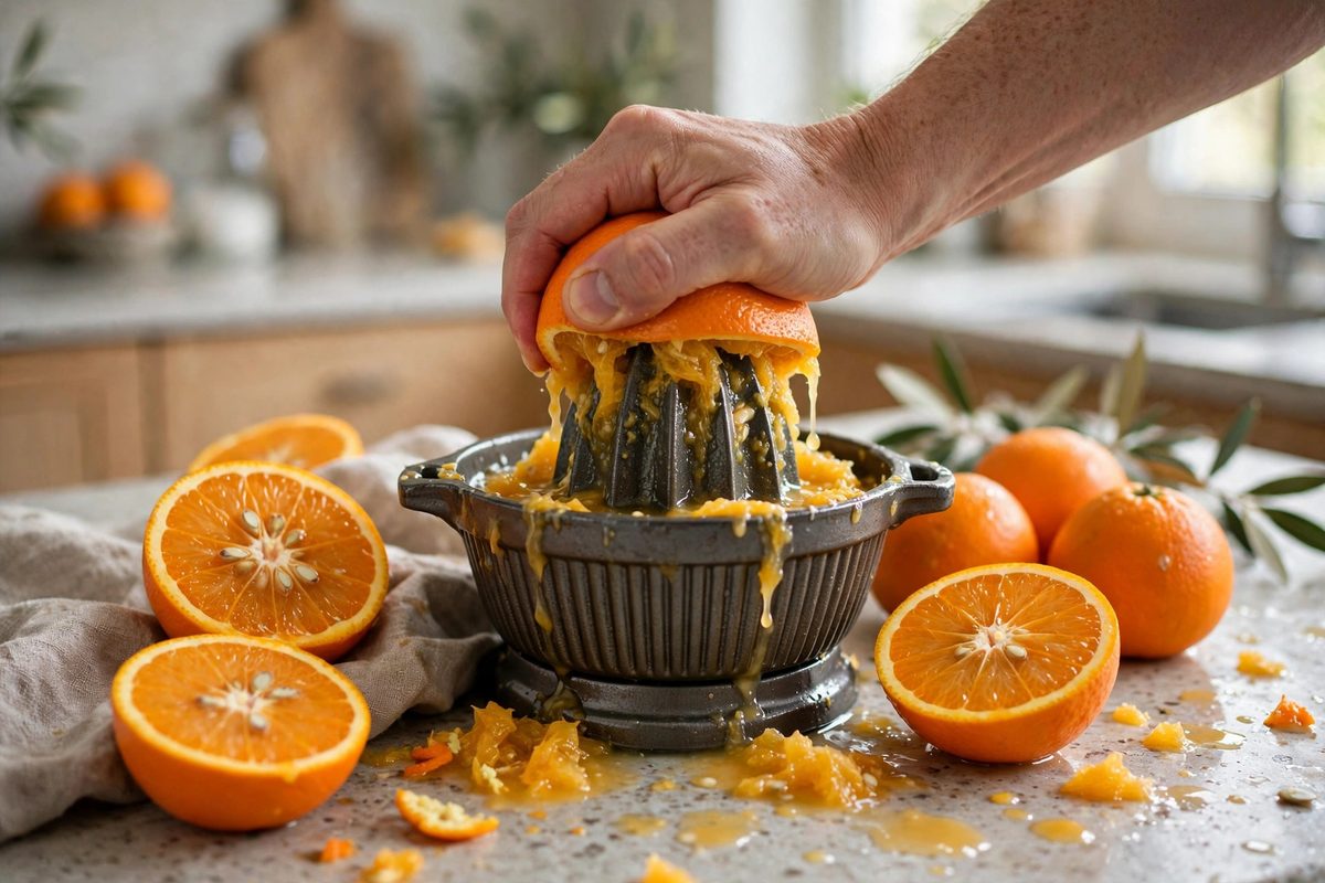 Fresh oranges being squeezed with a hand juicer in a kitchen