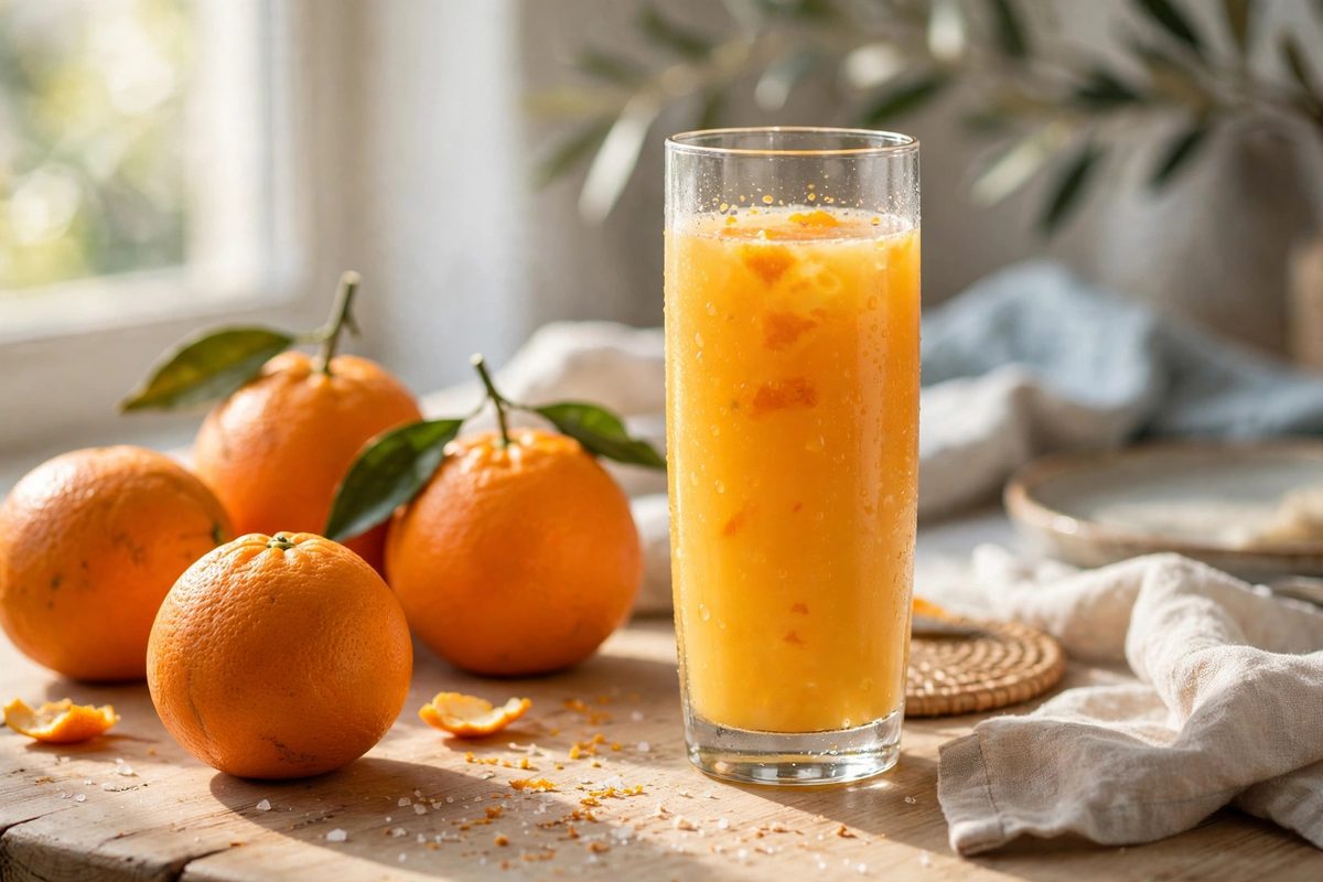 Glass of orange juice beside whole oranges on a breakfast table