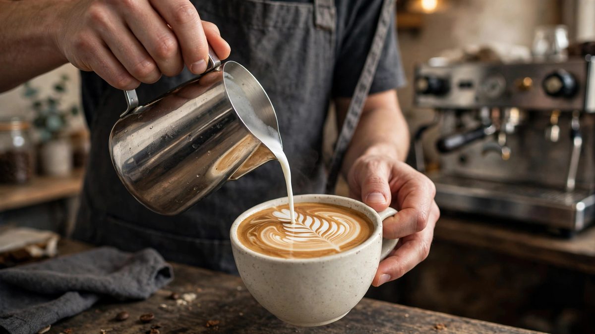 Barista pouring steamed milk from a pitcher into a cup of espresso to create latte art