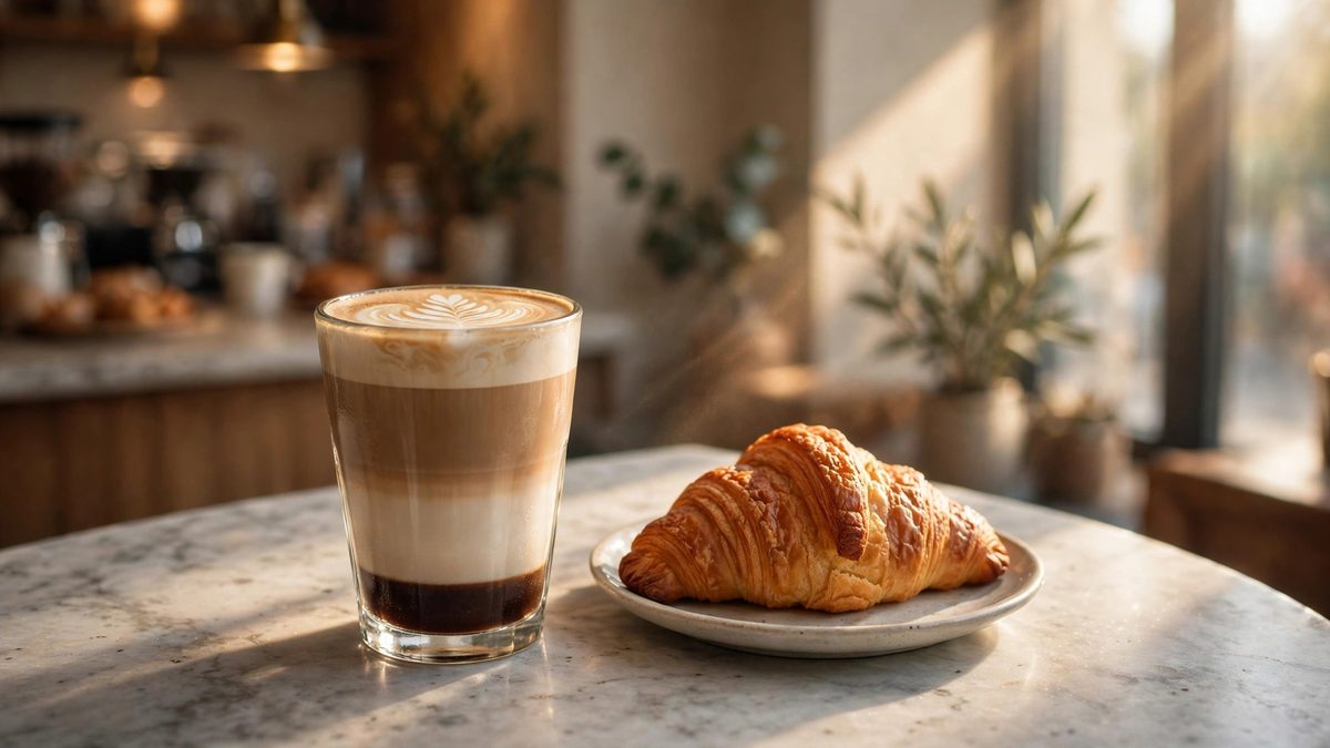 A tall glass latte with layered milk and espresso beside a croissant on a café table