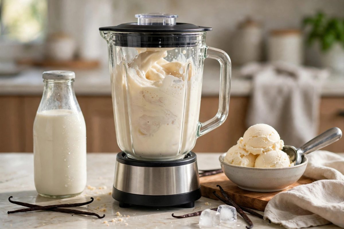 Blending a homemade milkshake with milk and ice cream