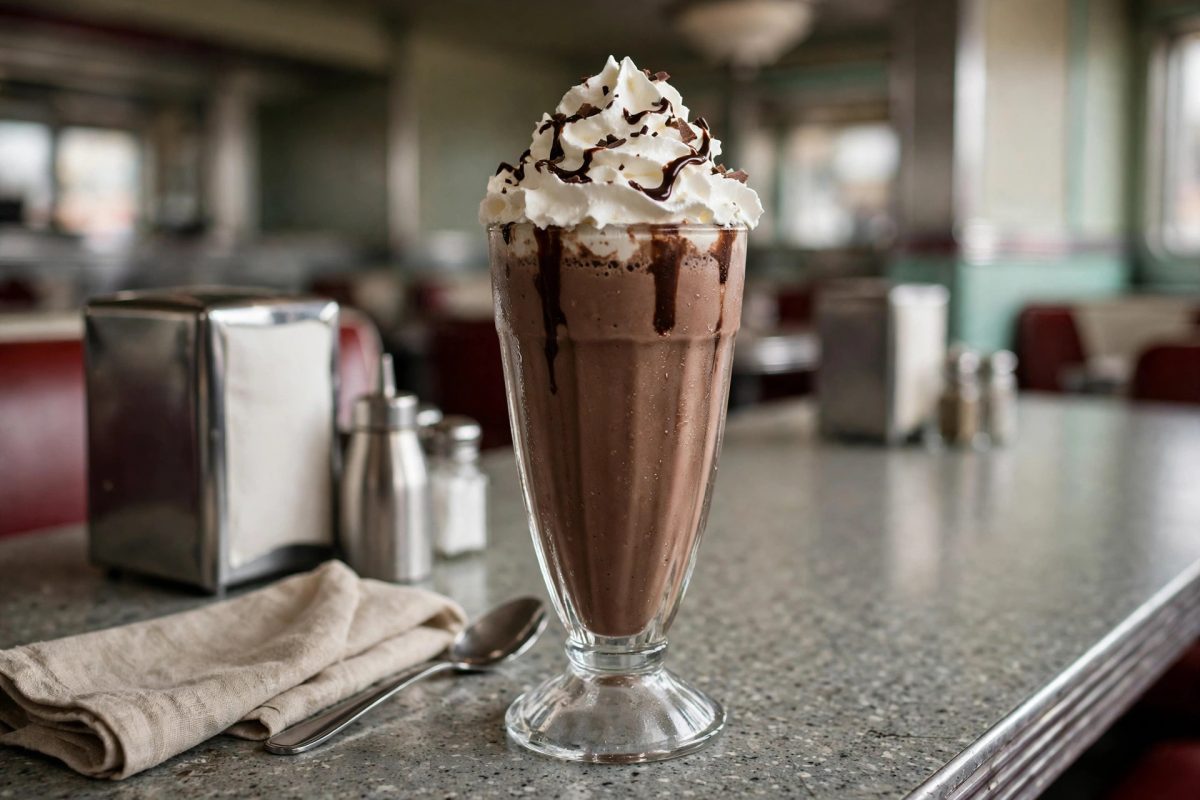 Tall chocolate milkshake with whipped cream in a diner glass