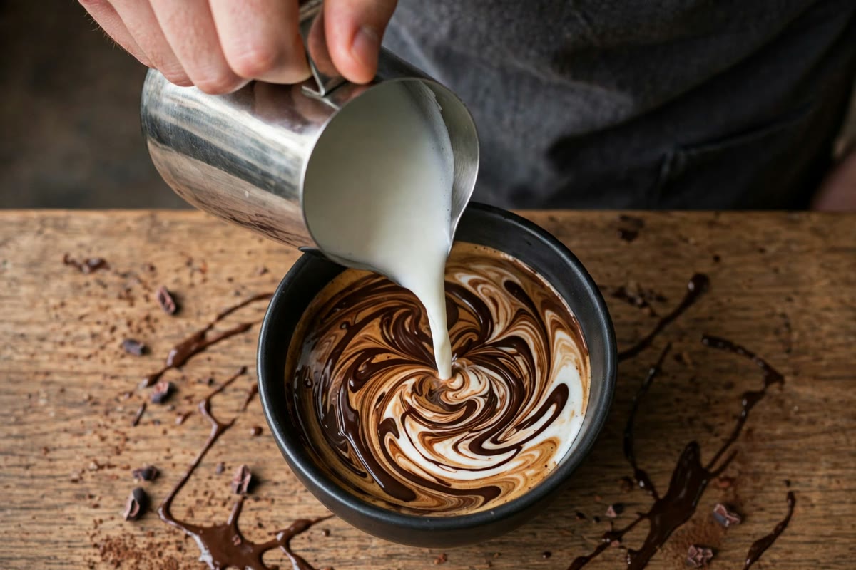 Barista pouring steamed milk into espresso with chocolate swirling, showing how mochas are built