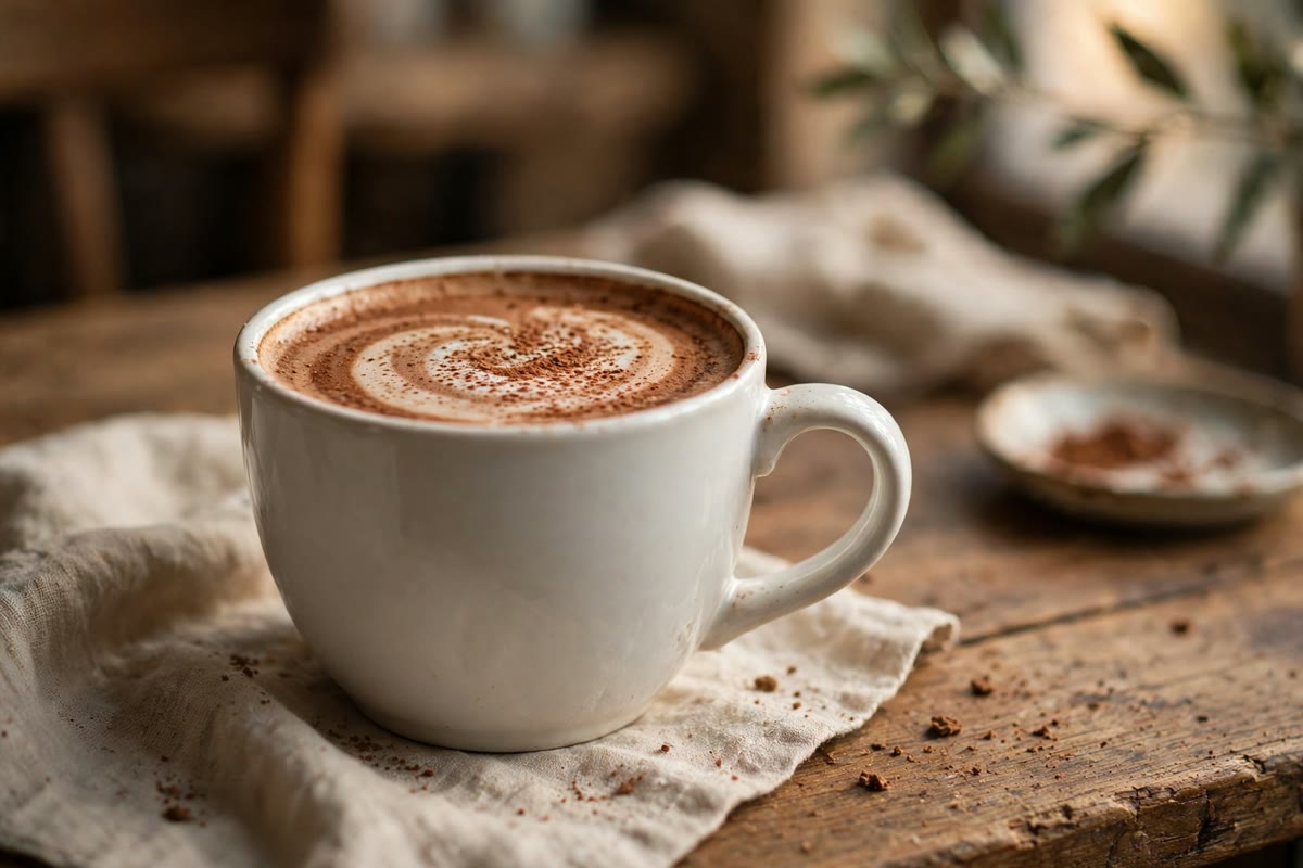 Mocha coffee in a white mug with latte art and cocoa dusting, illustrating mocha calorie counts