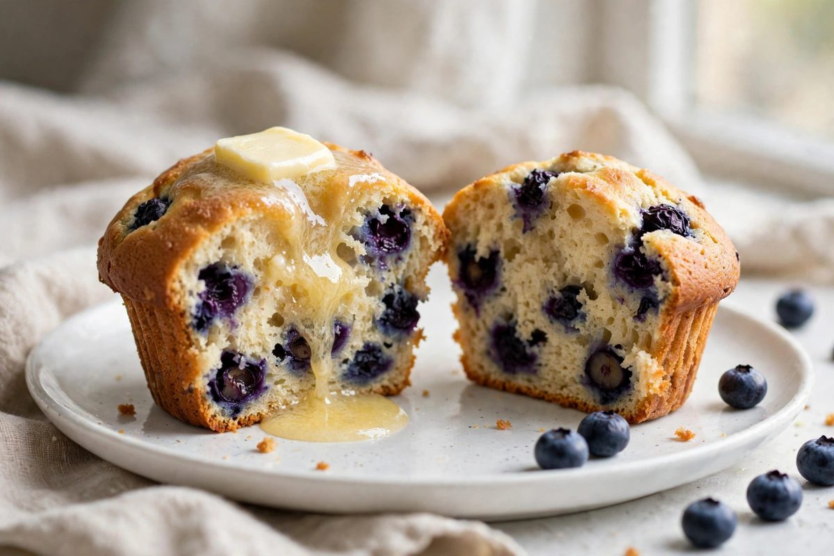 Muffin cut in half showing the crumb with butter melting on top