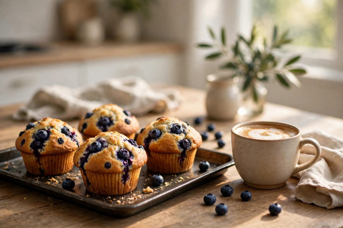 Blueberry muffins on a tray with coffee, illustrating muffin calorie counts
