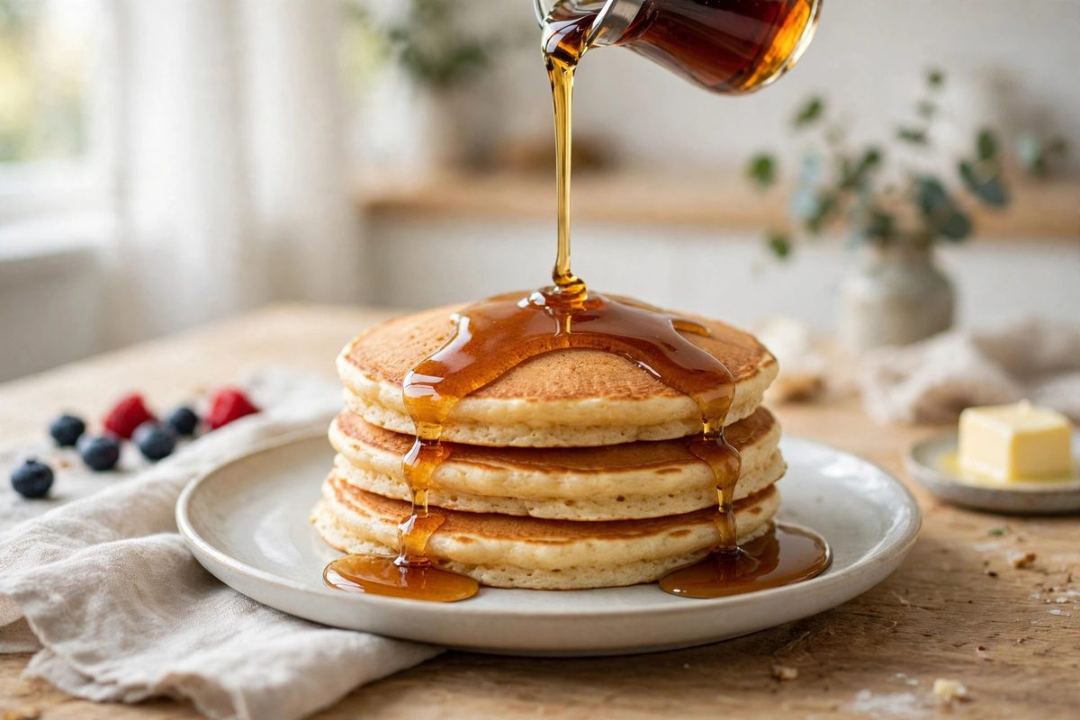 Stack of golden pancakes with maple syrup being poured over the top