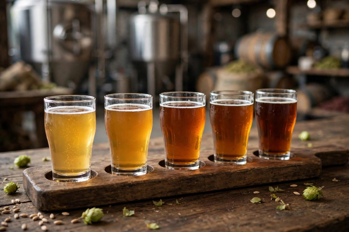 Beer taster flight of small glasses in amber shades on a wooden paddle, showing how different beer styles carry very different calorie counts