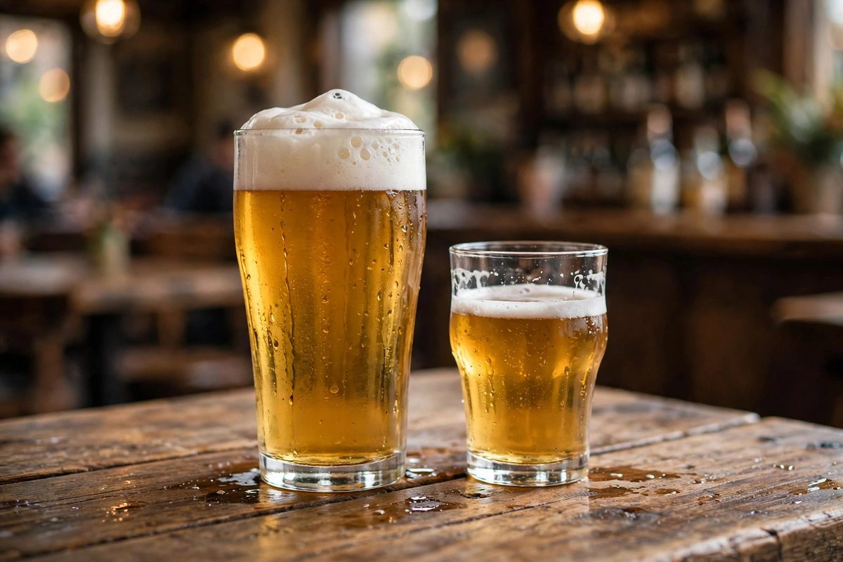 A full pint of beer next to a smaller glass on a wooden pub table, illustrating the calorie difference between pint sizes