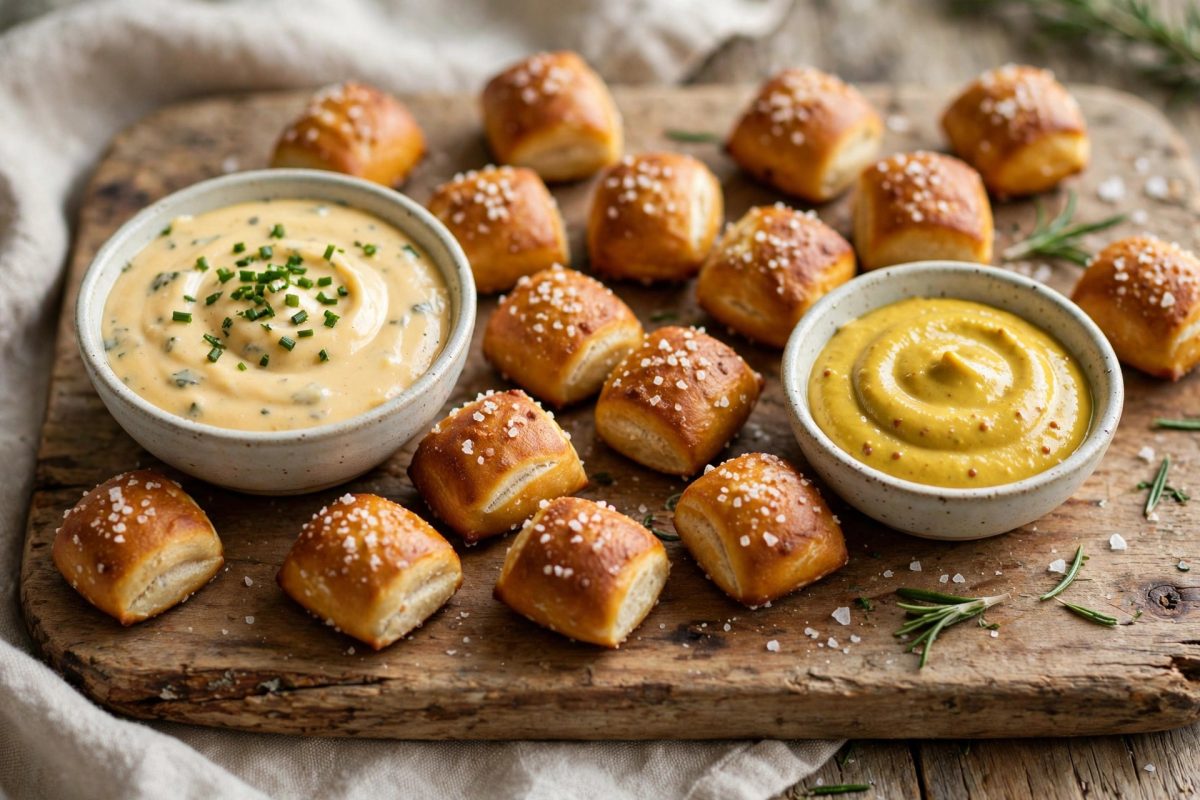 Soft pretzel bites with cheese dip and mustard in small bowls