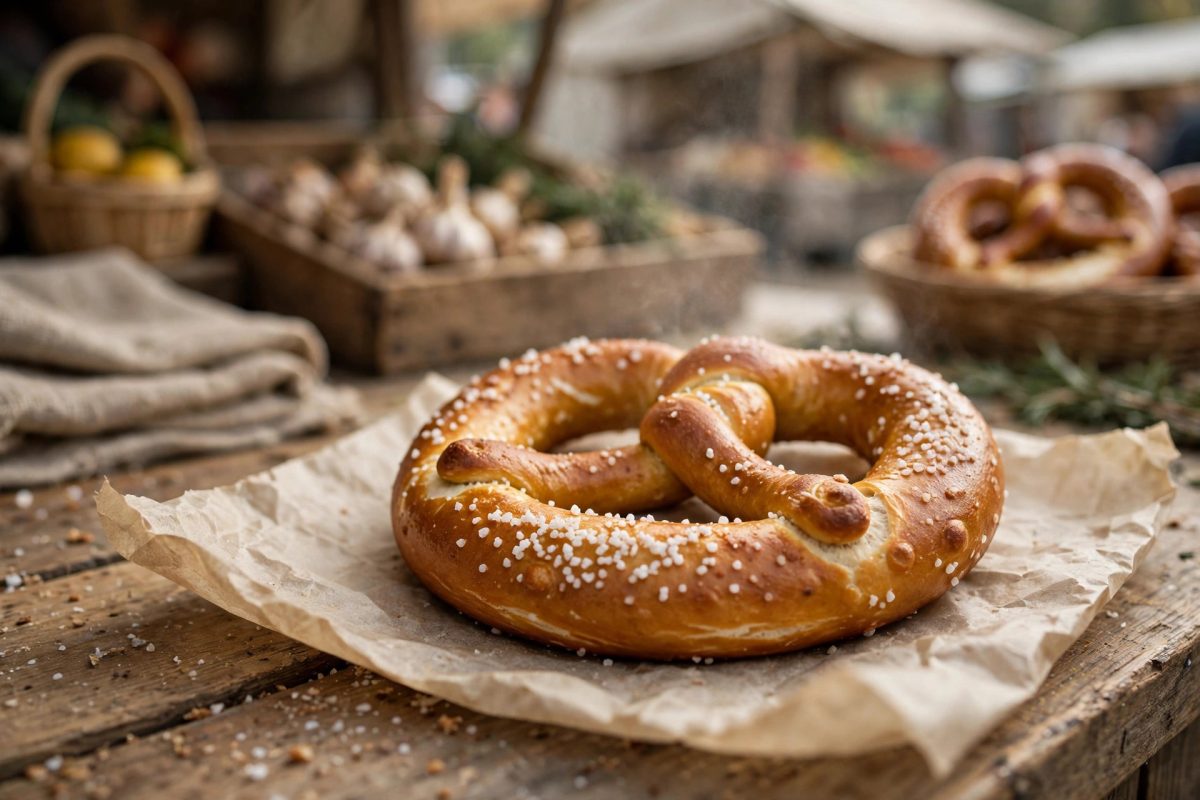 Warm soft pretzel with coarse salt on parchment paper