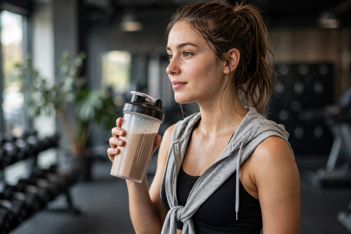 Athlete holding a protein shake after a workout in a gym