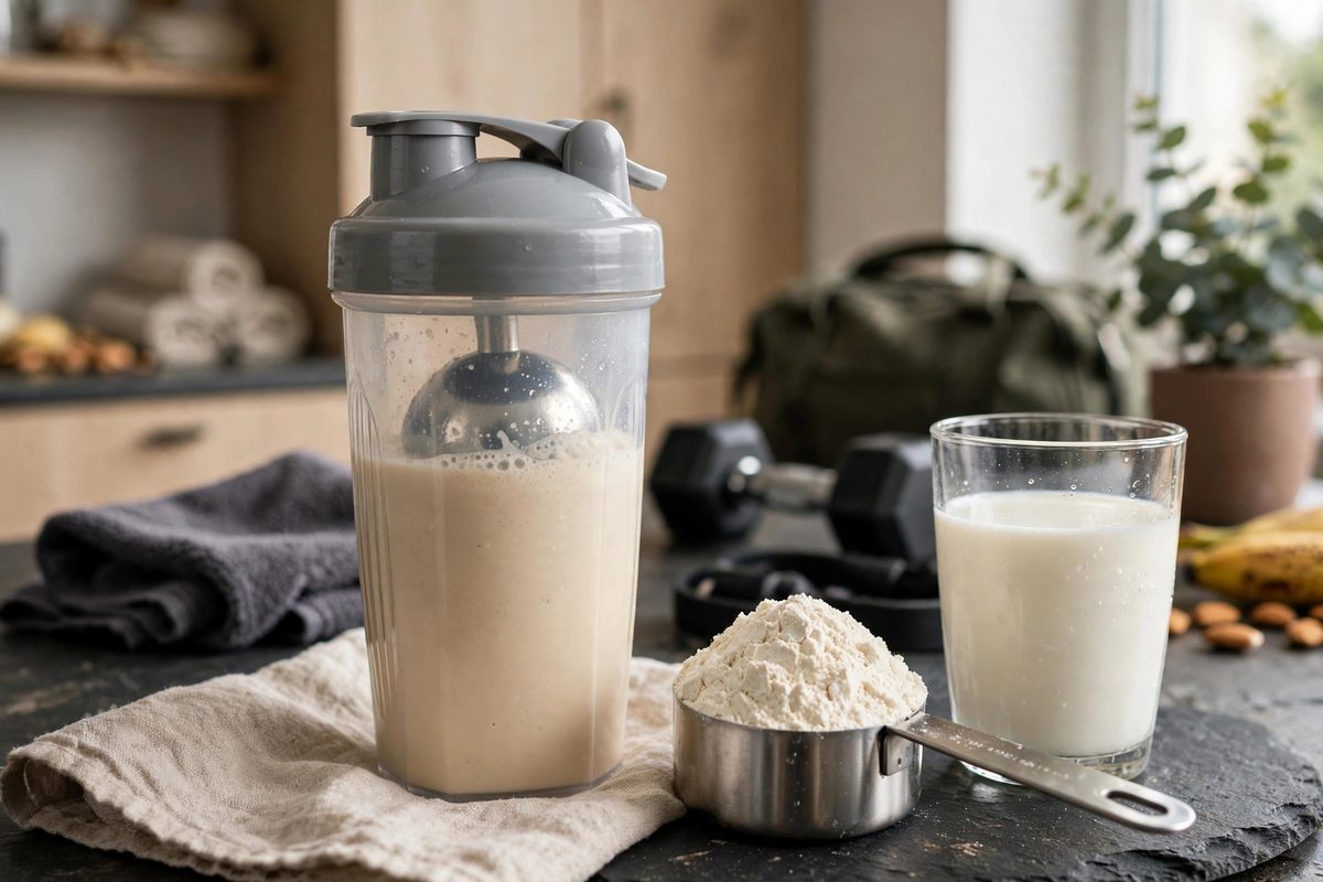 Protein shake in a shaker bottle beside a scoop of protein powder and a glass of milk