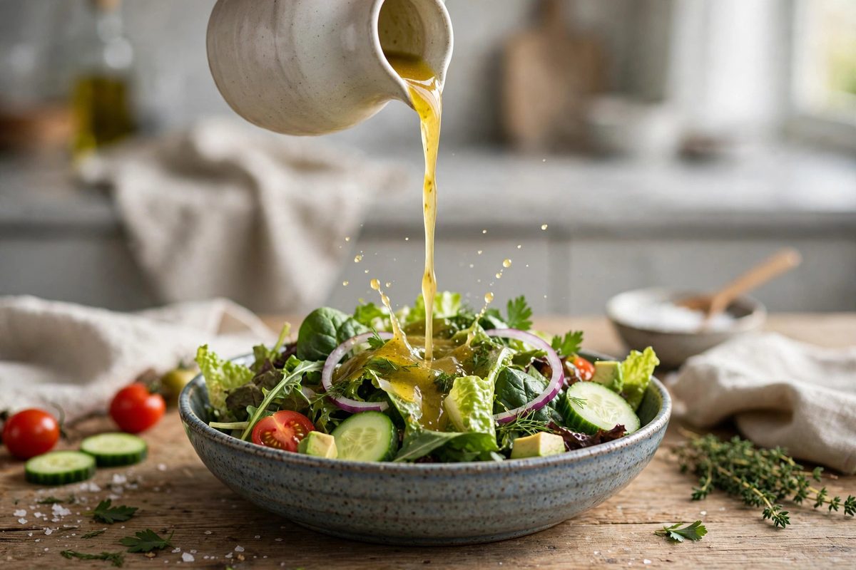 Salad ingredients laid out in small bowls with a bottle of dressing
