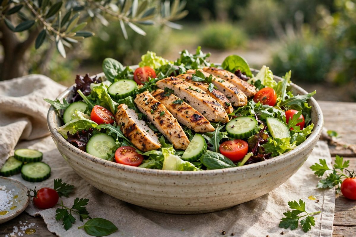 Large colorful salad bowl with greens, vegetables, chicken, and dressing