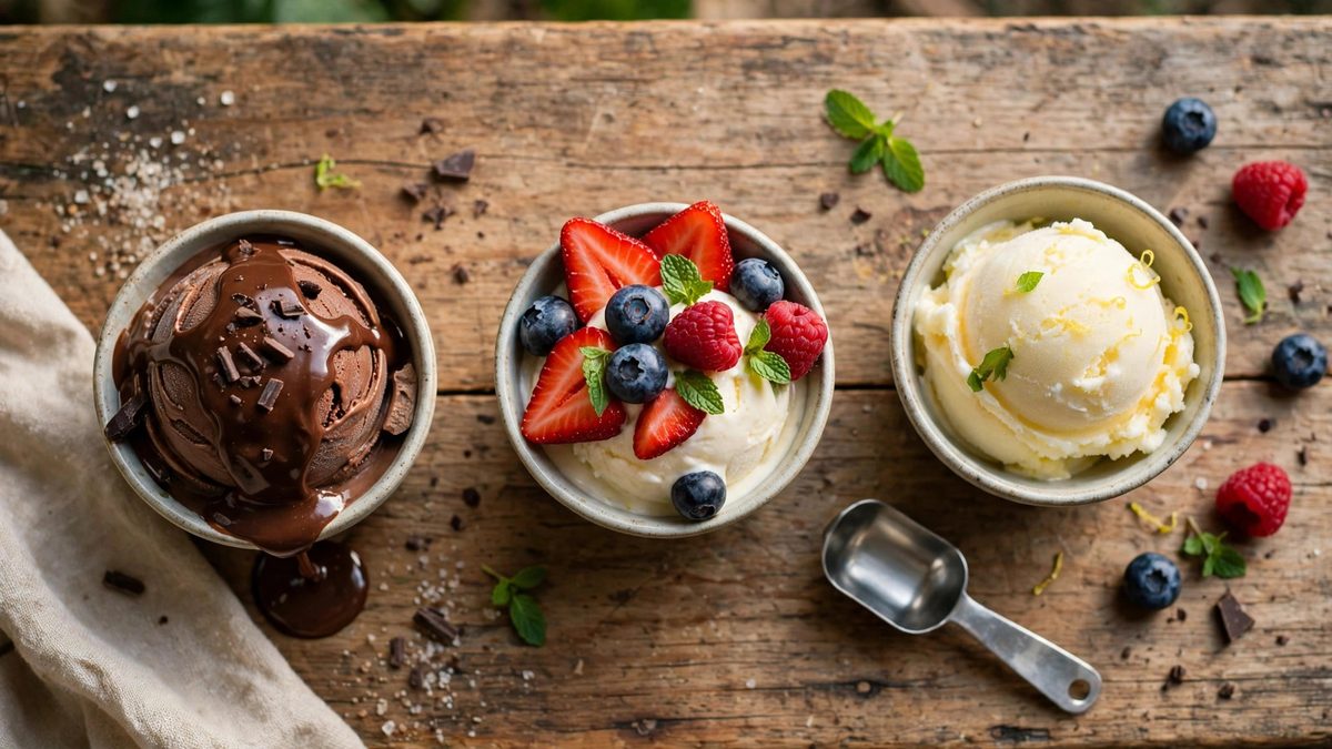 Overhead view of small bowls of ice cream with a measuring scoop showing portion sizes