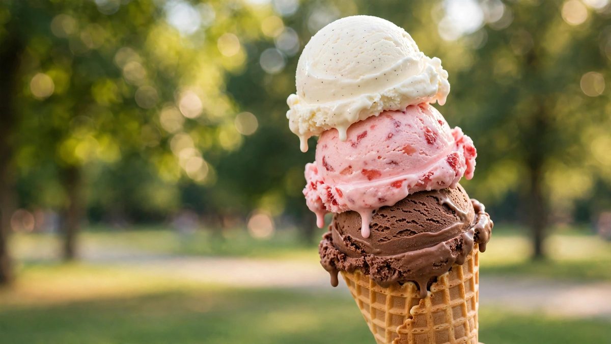 Three scoops of vanilla, chocolate and strawberry ice cream in a waffle cone
