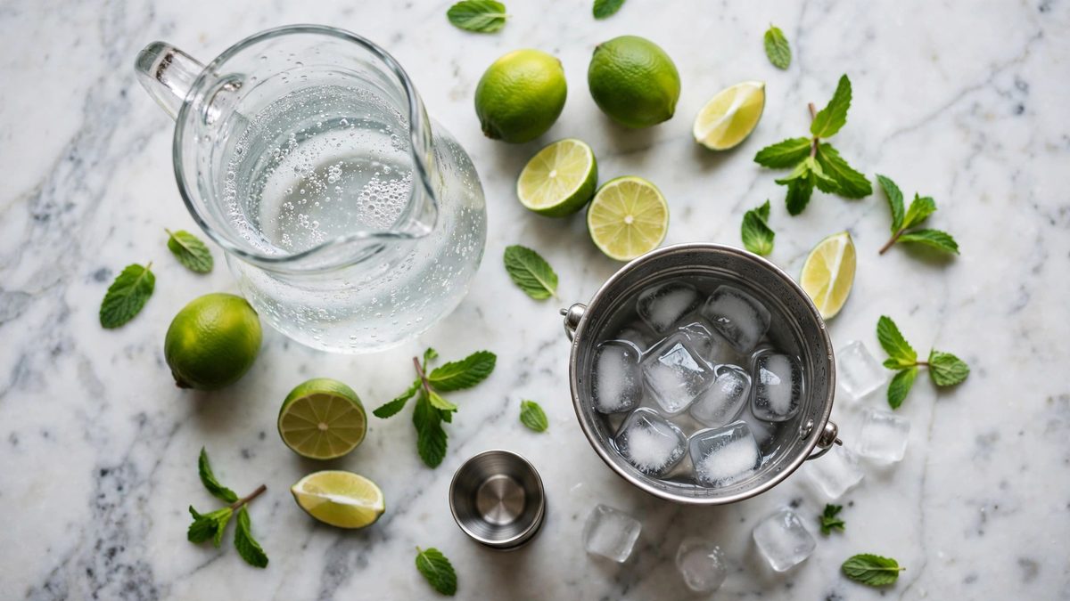 Overhead view of drink-mixing ingredients — limes, mint, sparkling water, ice and a measuring jigger