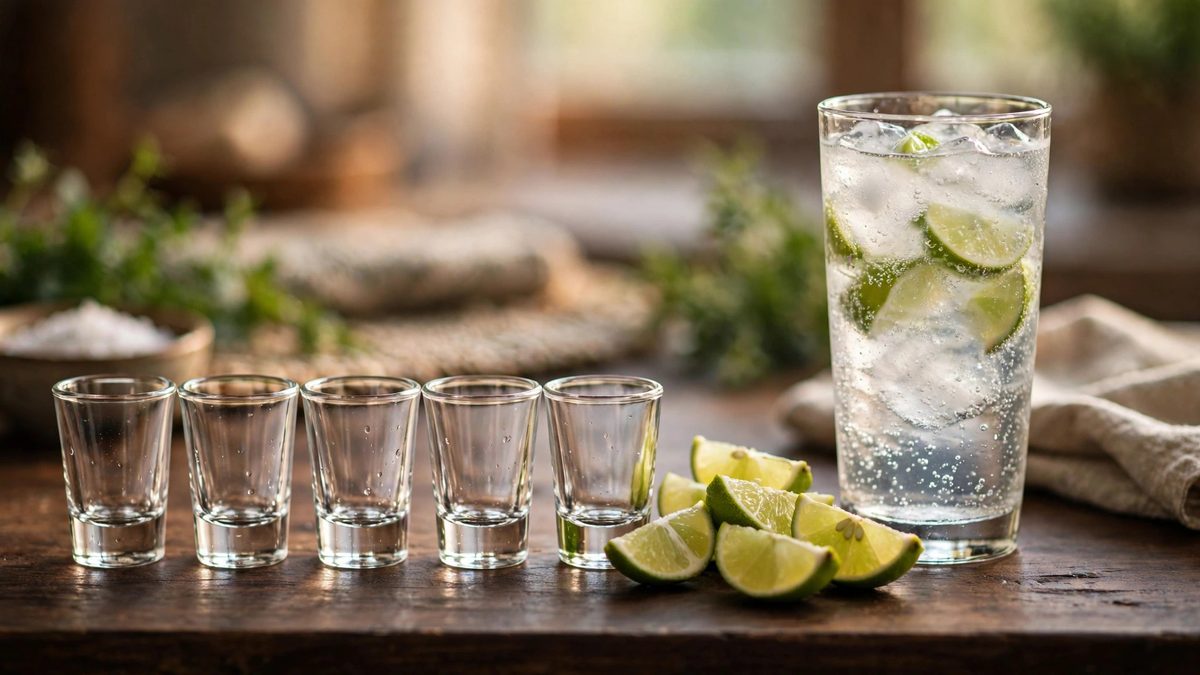 Empty shot glasses with lime wedges and sparkling water on a bar counter, illustrating drink calorie comparisons