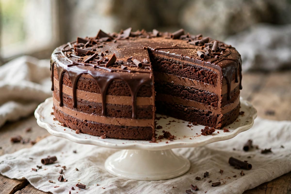 Whole chocolate layer cake with one slice cut showing the cake and frosting layers