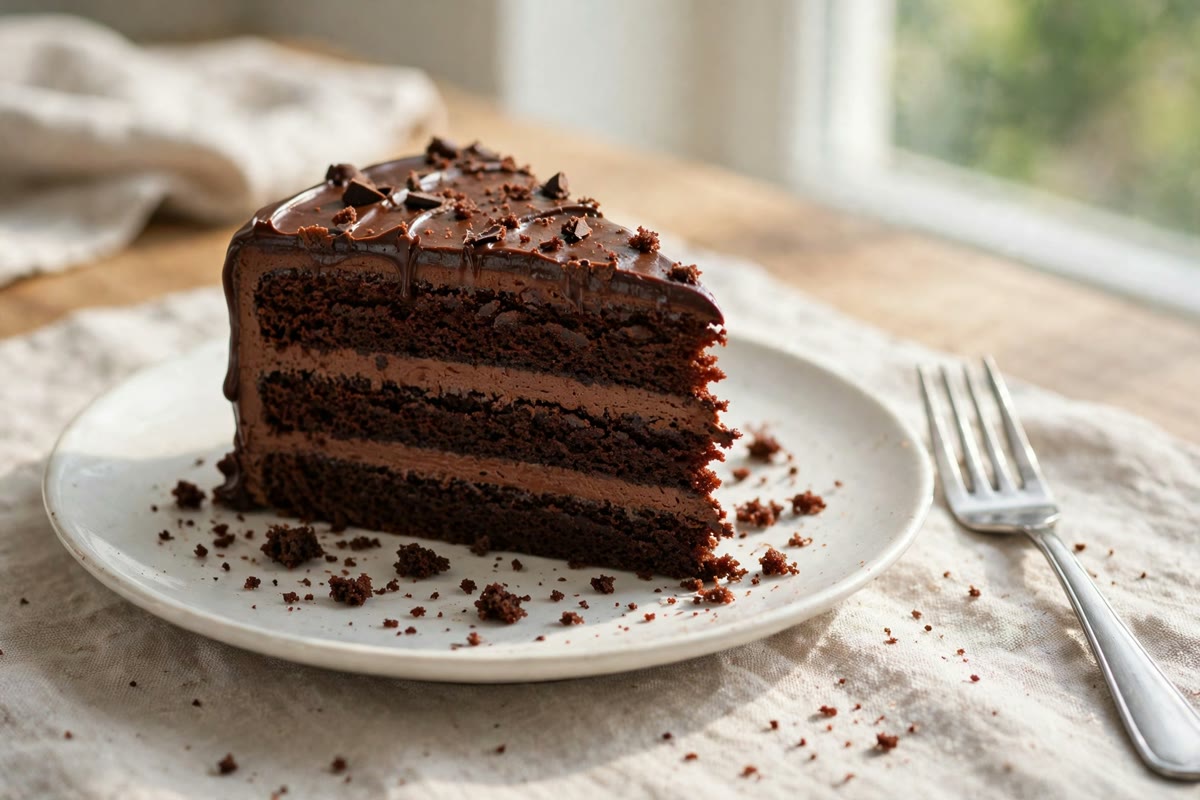 Slice of chocolate layer cake on a white plate with a fork, illustrating cake slice calorie counts