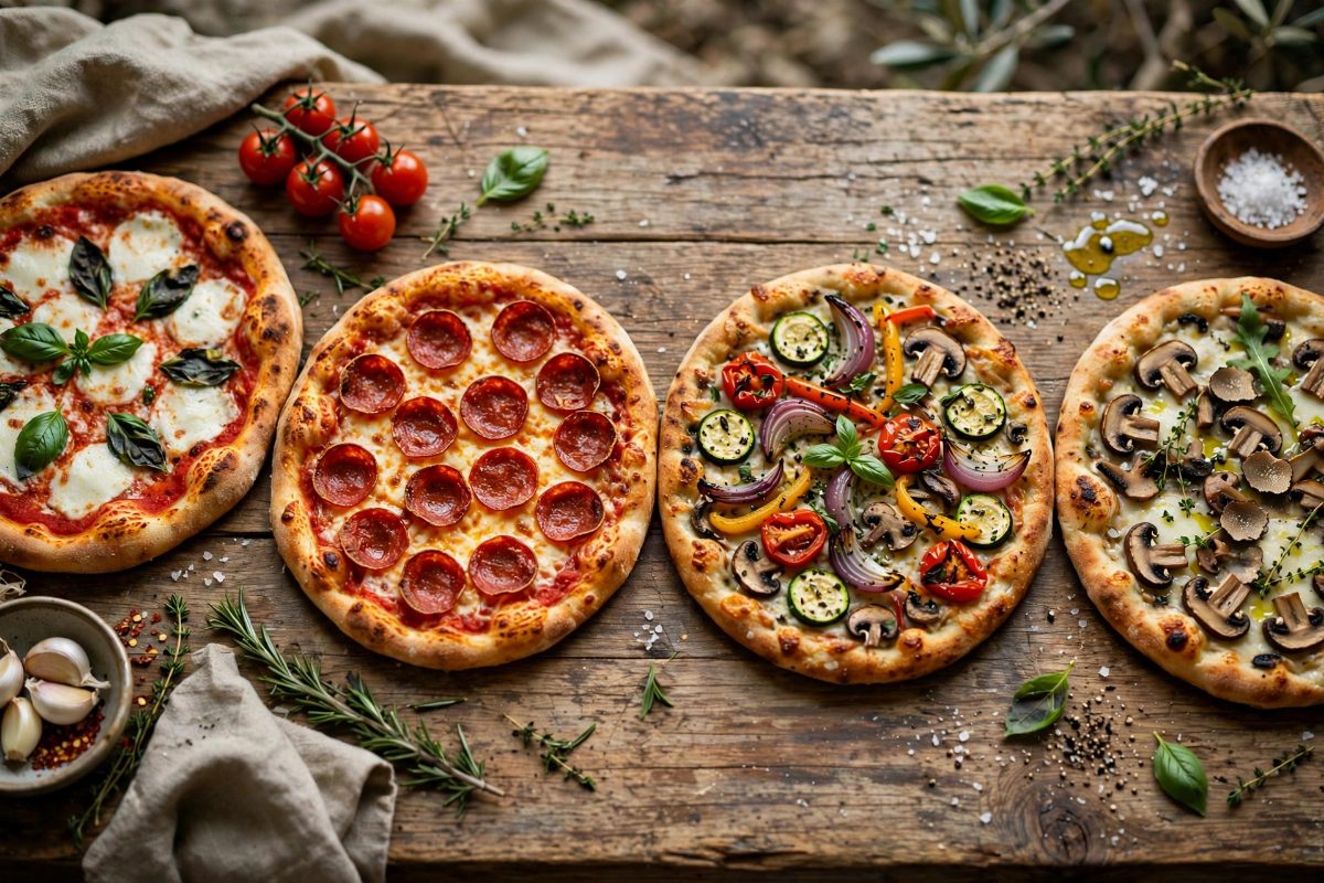Whole pizzas with different toppings on a wooden table