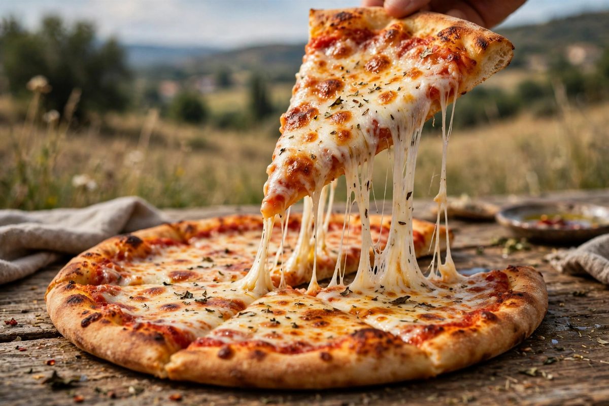 Cheese pizza slice being lifted with stretching melted cheese