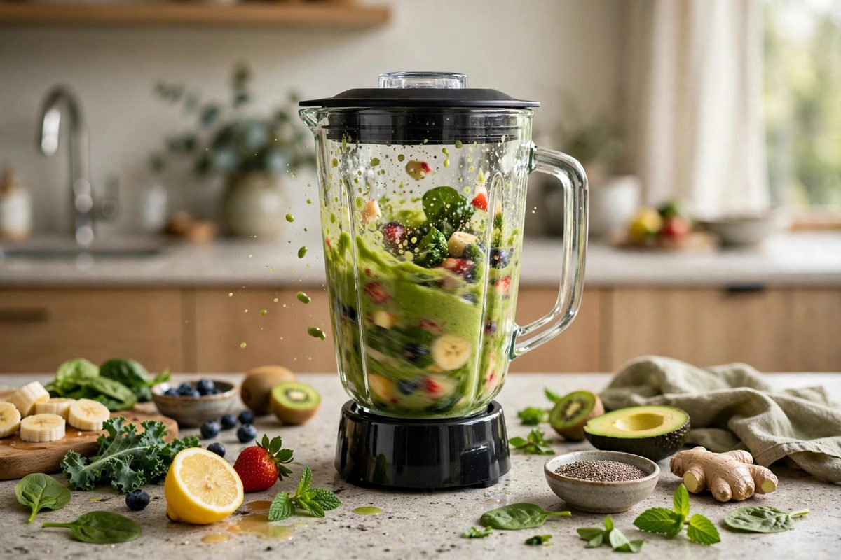 Blender filled with fruit and greens on a kitchen counter with fresh ingredients