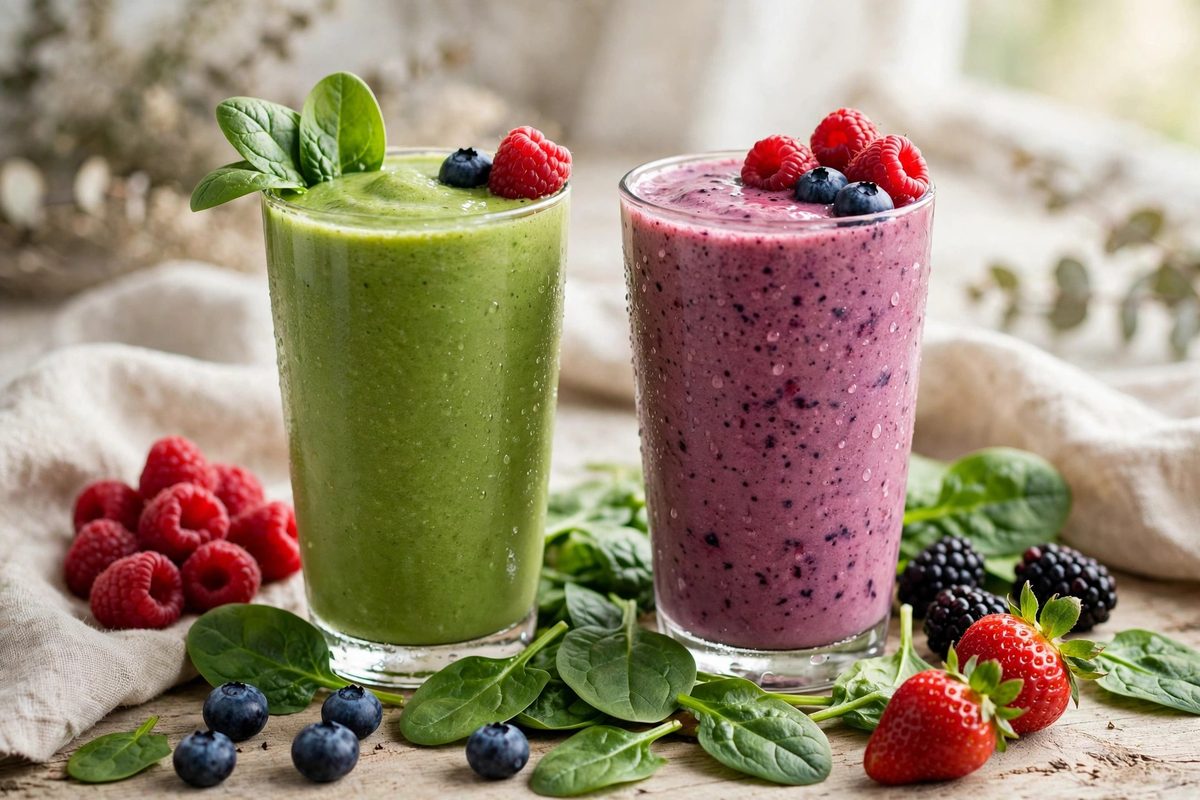 Two colorful fruit smoothies in tall glasses with berries and spinach