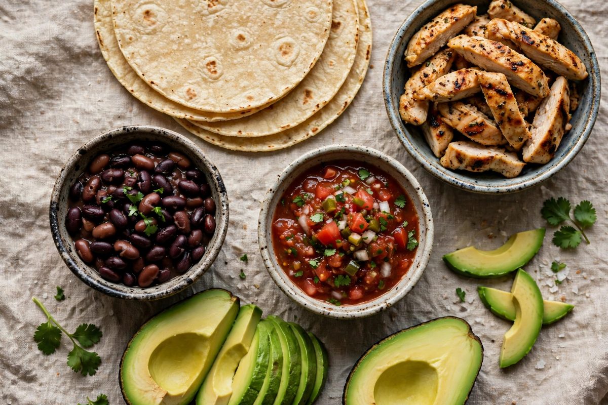 Taco ingredients flat lay with tortillas, grilled chicken, beans, salsa and avocado