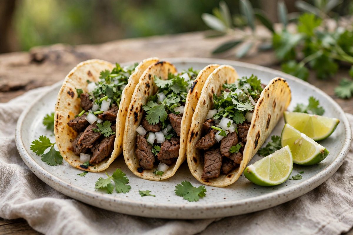 Three tacos on a plate with lime wedges and cilantro