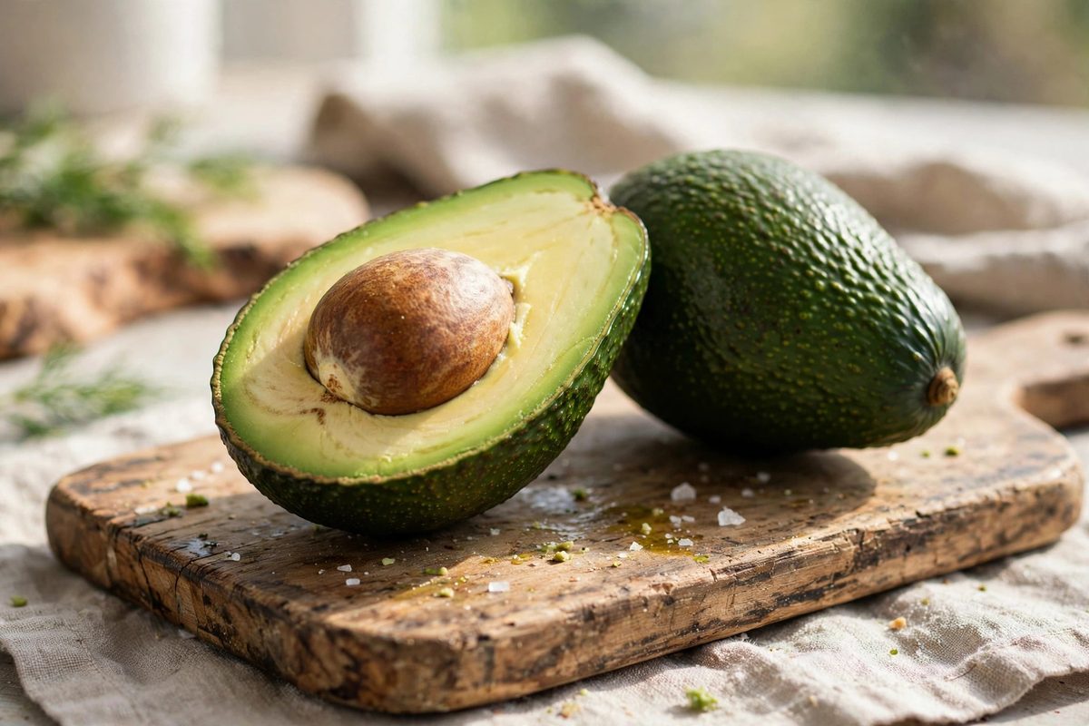 Halved ripe avocado with pit beside whole avocados on a wooden board