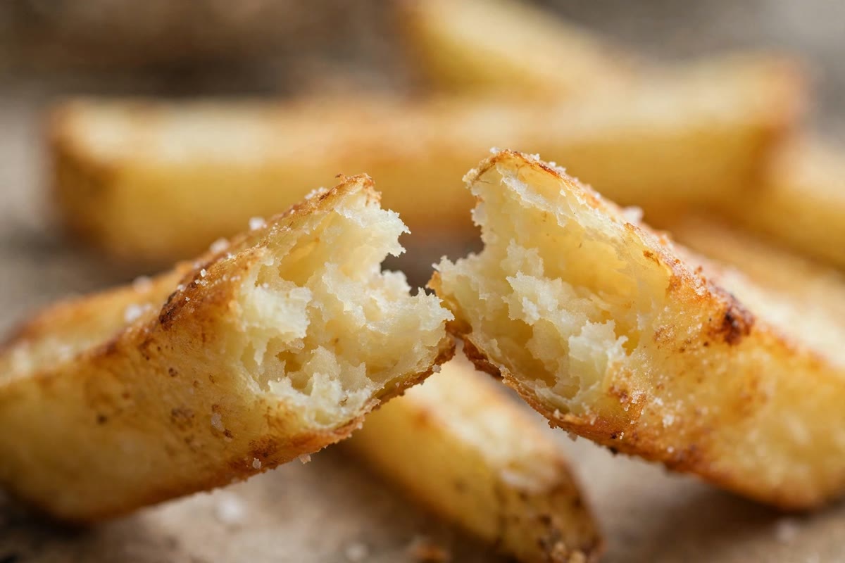 Close-up of a crispy french fry broken in half showing the fluffy potato interior