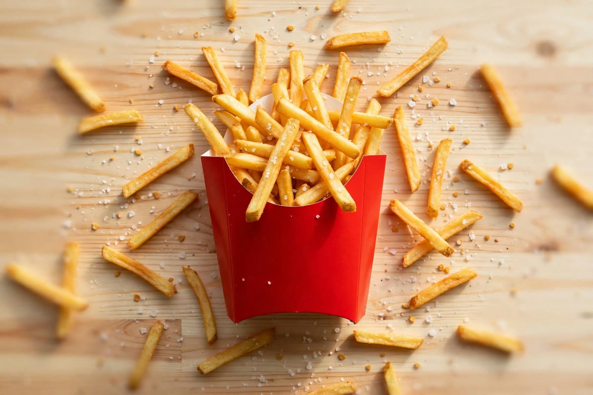 Golden crispy french fries in a red fast-food carton on a bright table, illustrating fries calorie counts