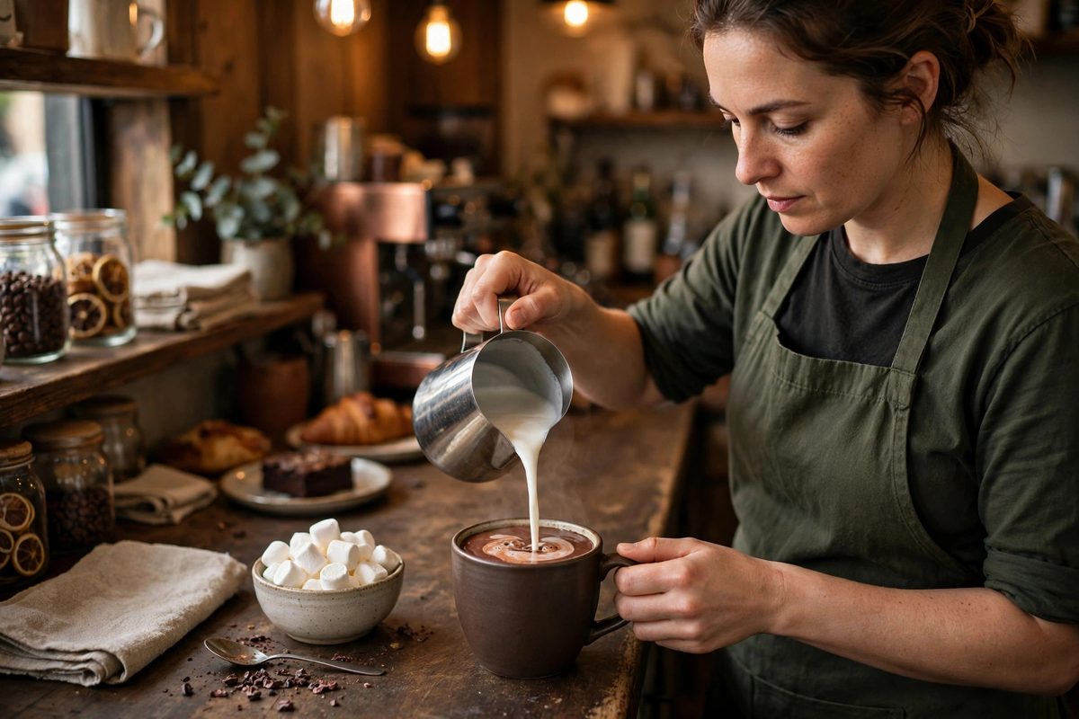 Barista pouring steamed milk into a mug of hot chocolate in a café