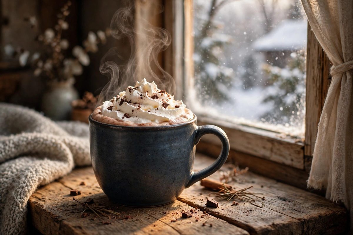 Steaming mug of hot chocolate with whipped cream on a wooden table