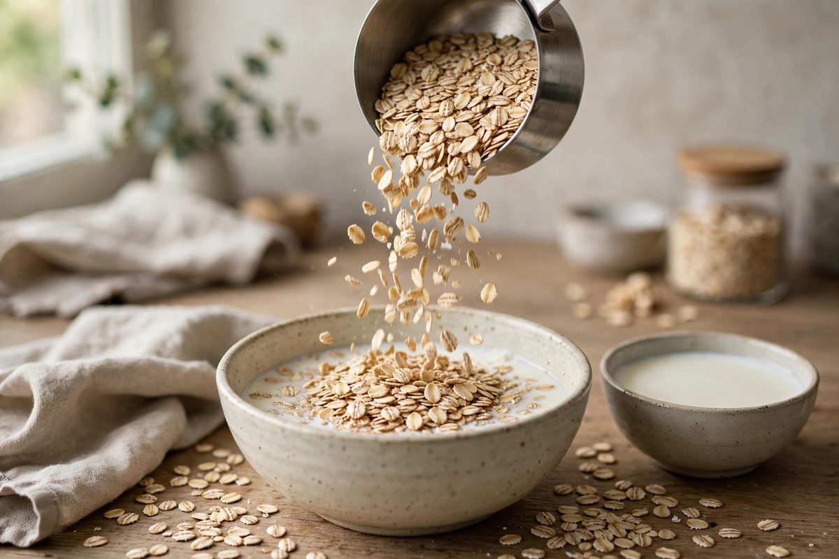 Dry rolled oats in a measuring cup beside a cooked bowl of oatmeal