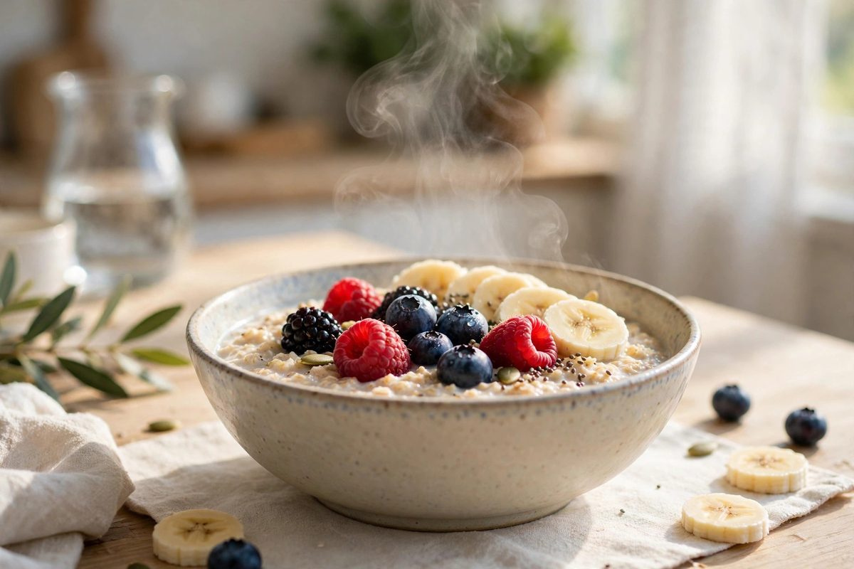Bowl of oatmeal topped with berries and sliced banana on a breakfast table