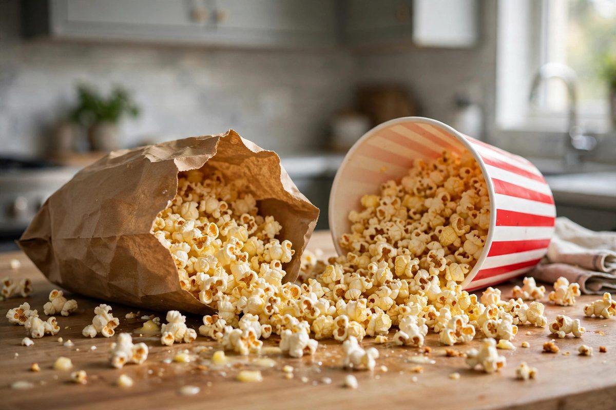 Microwave popcorn bag and movie theatre popcorn bucket on a kitchen counter