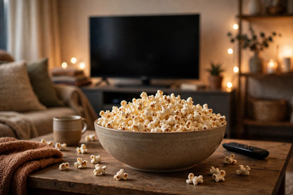 Bowl of air-popped popcorn on a coffee table for movie night