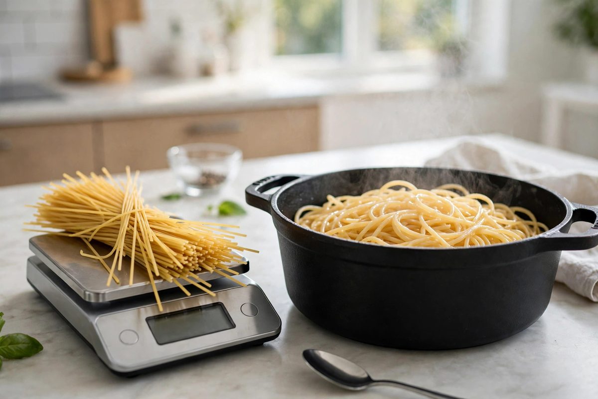 Dry spaghetti being weighed on a kitchen scale next to cooked spaghetti