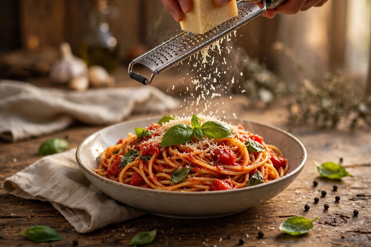 Bowl of spaghetti with tomato sauce and basil on a wooden table